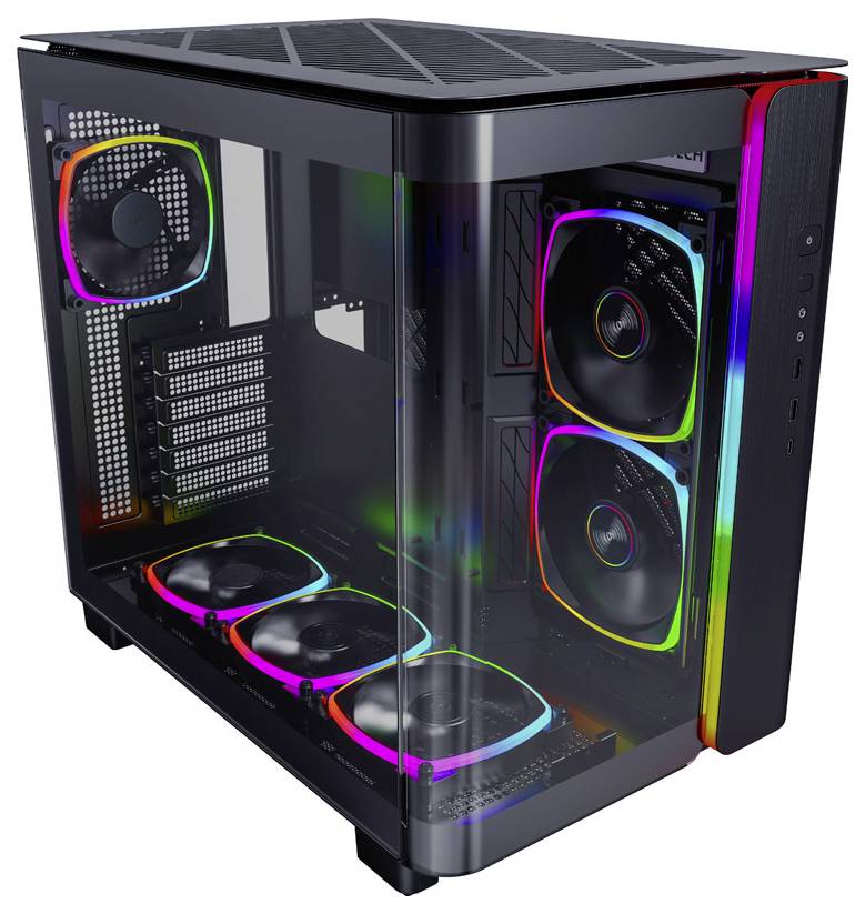 Černá počítačová skříň s průhlednými bočními stěnami zobrazuje tři RGB podsvícené ventilátory na přední straně a dva na horní straně.
