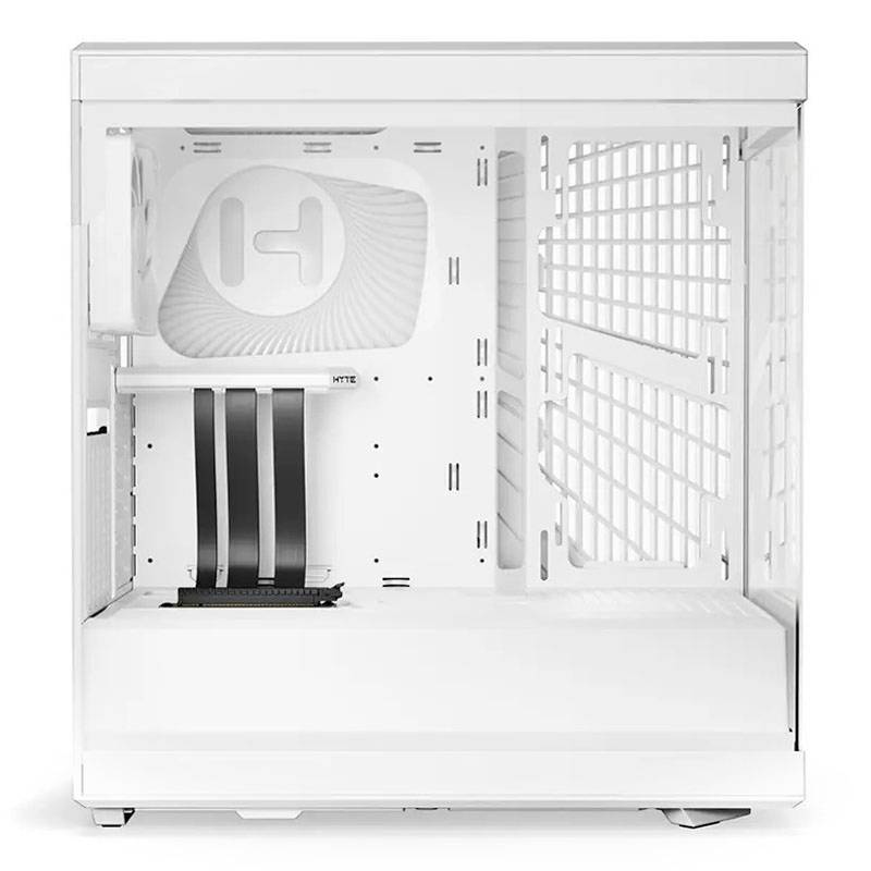 Bílý počítačový kryt s otevřeným designem odhaluje dva velké ventilátory a prostor pro komponenty. Nabízí možnosti vedení kabeláže.