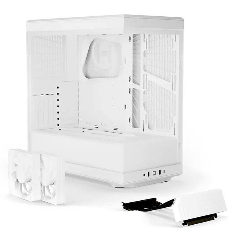 Bílý počítačový kryt s otevřeným designem. Obsahuje dva ventilátory a vertikální montážní sadu pro grafickou kartu. Vhodné pro DIY projekty sestavení počítače.