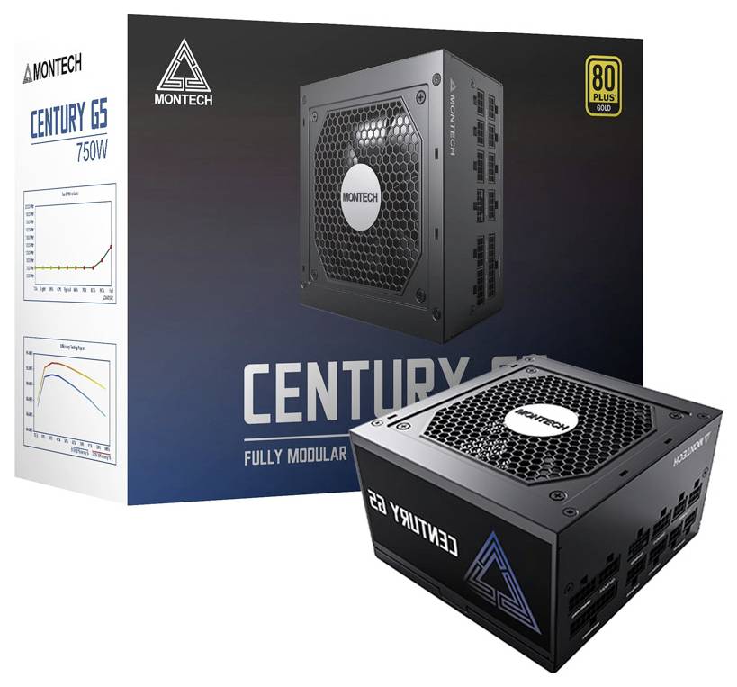 Síťový zdroj 'Montech Century G5 750W', plně modulární, 80 Plus Gold, balení zobrazuje diagramy účinnosti a hlučnosti ventilátoru.