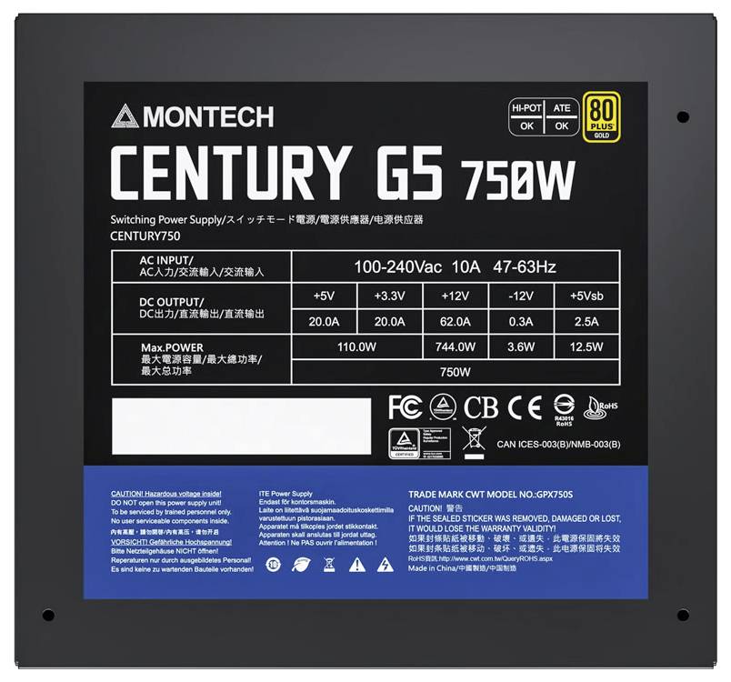 Černý štítek napájecího zdroje od Montechu, model Century G5 750W. Zobrazuje vstupní a výstupní výkon, bezpečnostní certifikace a výstražné pokyny.