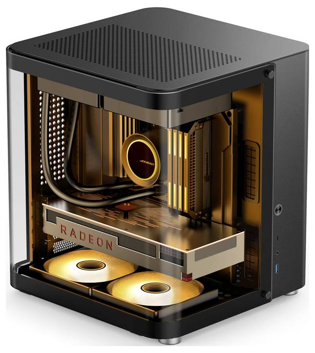 Moderní, průhledný počítač s osvětlenými komponenty, včetně grafické karty 'RADEON', v kompaktním černém pouzdře.
