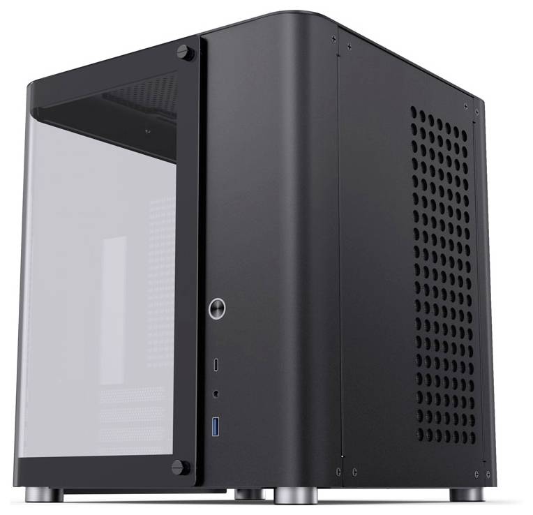 Černá počítačová skříň s průhledným bočním panelem a větracími otvory, stříbrné stojny, moderní a minimalistický design.