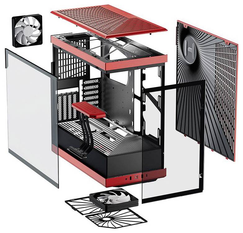Rozložený pohled na počítačovou skříň s odnímacími bočními stěnami, ventilátory, otevřeným rámem a strukturovaným vnitřním prostorem.