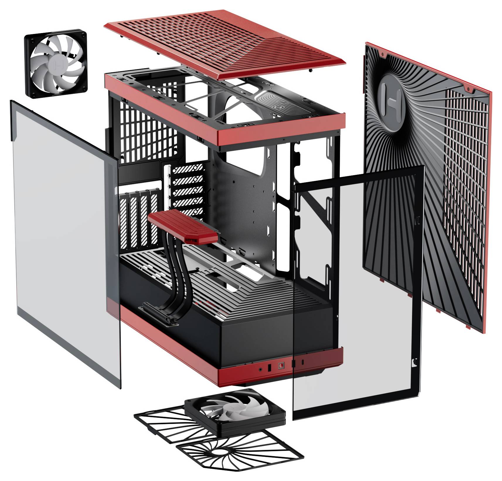 Výkres počítačové skříně s rozloženými konstrukčními prvky, zobrazující odnímatelné boční stěny, chladič, ventilátory a větrací mřížky.