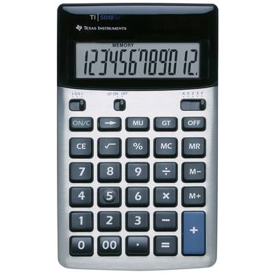 Kalkulačka s velkými tlačítky a displejem zobrazujícím '1234567890 12.'. V horní části s logem 'Texas Instruments'. Obsahuje základní matematické operace.