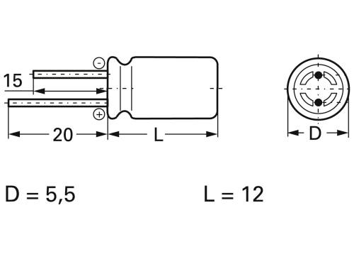 Nákres elektronické součástky s rozměry: průměr (D) = 5,5 mm, délka (L) = 12 mm, délka připojení = 20 mm.