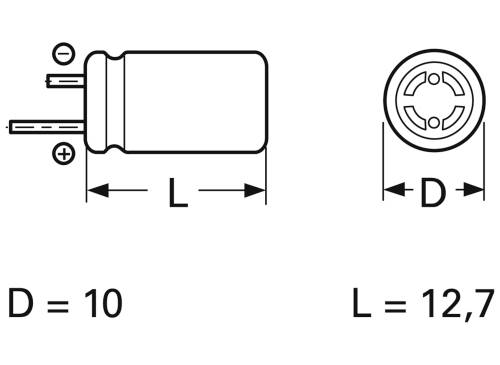 Výkres elektronické součástky s rozměry: průměr (D) = 10 a délka (L) = 12,7.