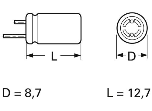 Obrázek elektrické součástky s délkovým označením: délka 12,7 mm, průměr 8,7 mm. Geometrický pohled z boku a shora.