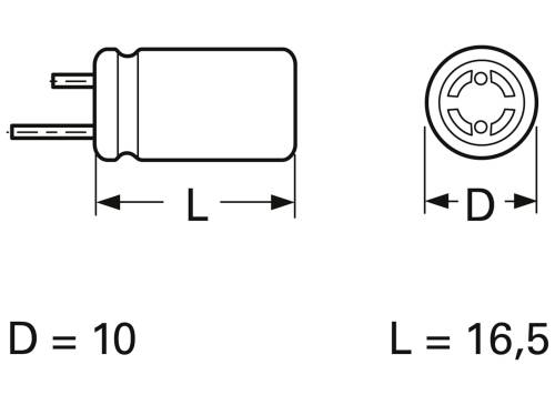 Kresba válcové součásti s rozměry: průměr (D) = 10 mm, délka (L) = 16,5 mm, pohled z boku a shora.