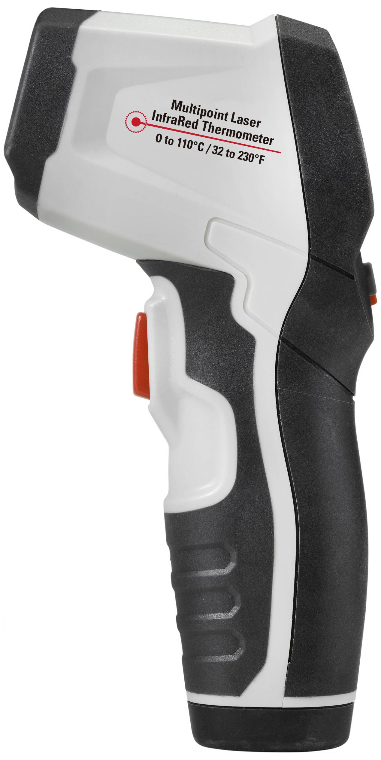 Infračervený teploměr s ergonomickou rukojetí a displejem pro měření teplot od 0 do 110°C (32 až 230°F). Ideální pro bezkontaktní měření.