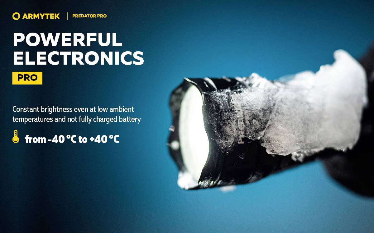 Ruční svítilna, částečně pokrytá sněhem, svítí jasně. Text: 'POWERFUL ELECTRONICS PRO', 'od -40°C do +40°C'.
