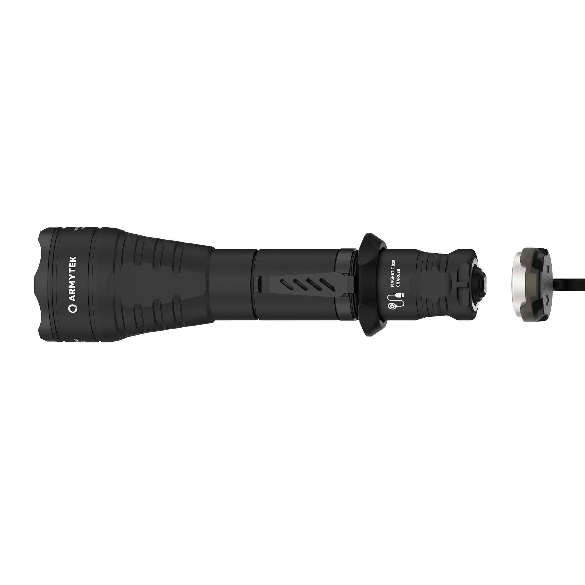 Černá svítilna s odnímatelným šroubovacím uzávěrem, pouzdrem z lehké slitiny a textem 'ARMYTEK'.