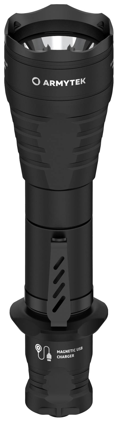 Černá svítilna značky Armytek s magnetickou USB nabíječkou.