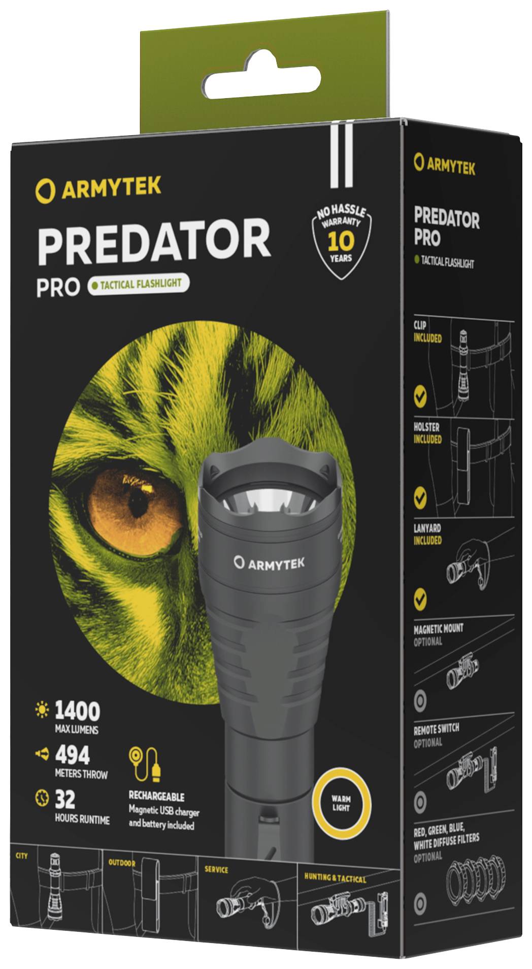 Obal svítilny značky Armytek, model Predator Pro. Charakteristiky: 1400 lumenů, dosah 494 metrů, maximální provozní doba 32 hodin. Obsahuje ilustrované funkční pokyny.
