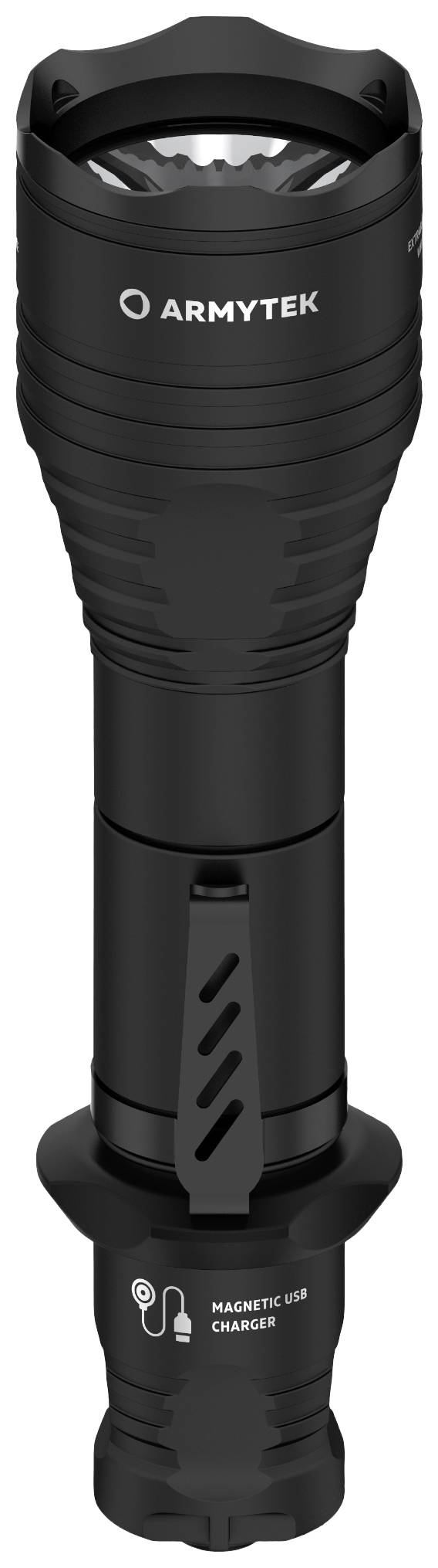 Svítilna značky 'Armytek', válcovitého tvaru, černá, s magnetickým USB nabíjecím konektorem na spodní straně.