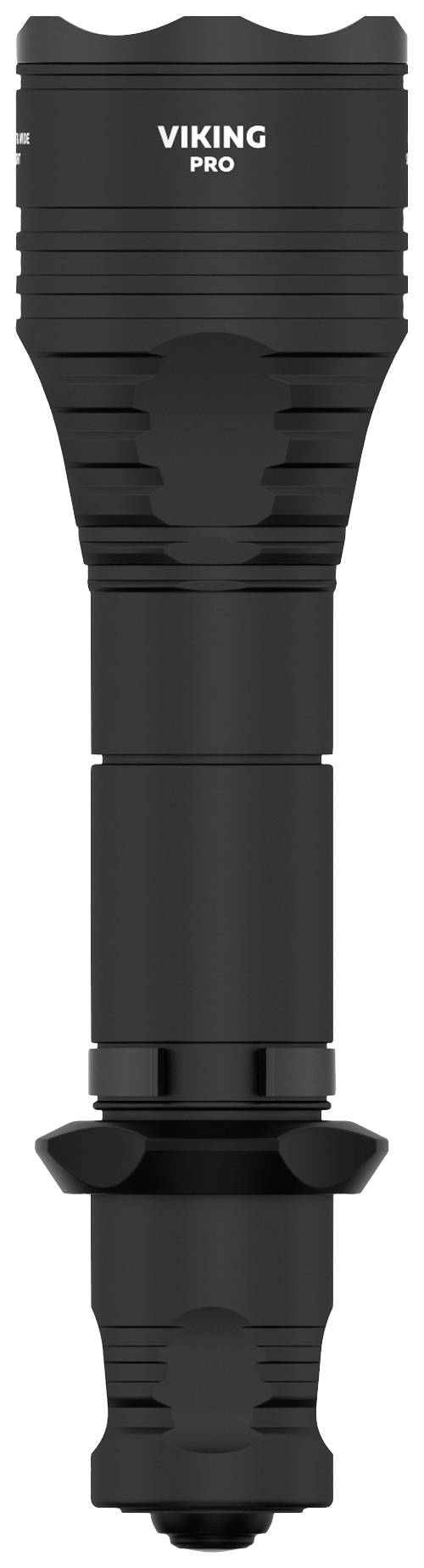 Černá taktická kapesní svítilna s nápisem 'Viking Pro' nahoře; robustní design, vhodná pro venkovní nebo bezpečnostní použití.
