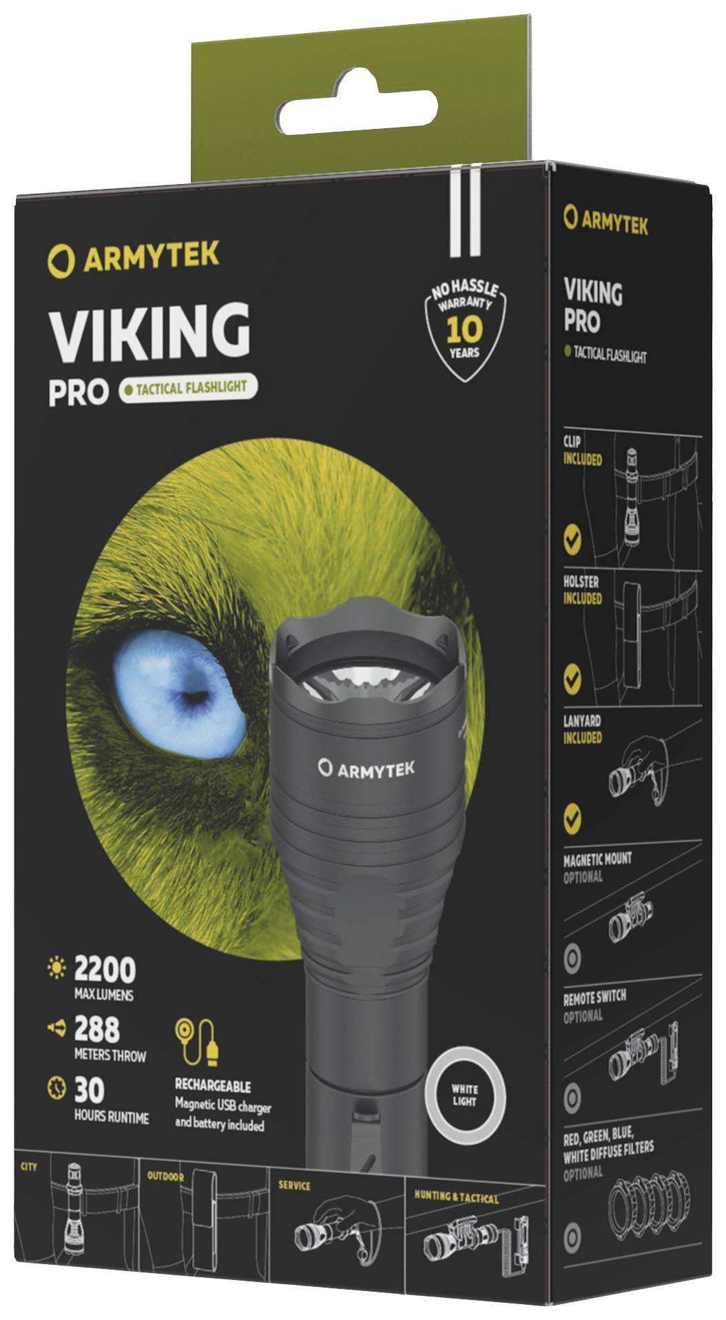 Balení taktické svítilny 'Viking Pro' od Armytek, 2200 lumenů, dosah 288 m, 10 let záruky, vyobrazeno s příslušenstvím.