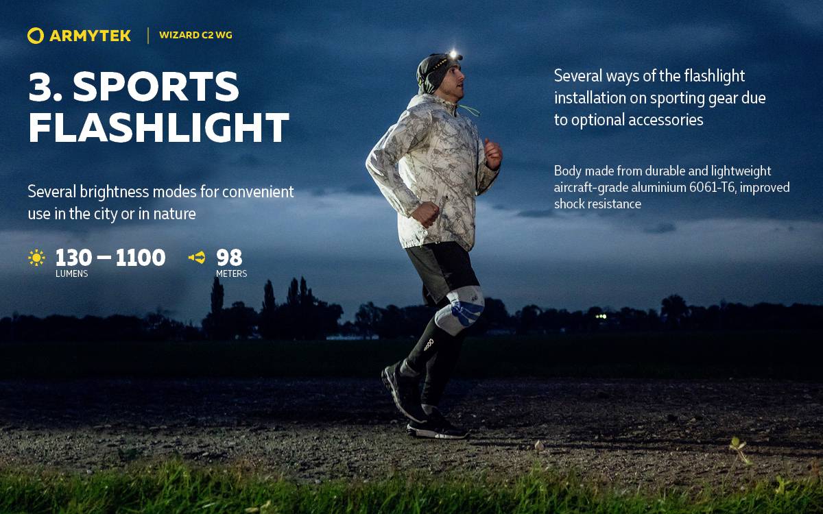Běžec jde za soumraku s čelovkou; text informuje o modelu kapesní svítilny '3. Sports Flashlight' s jasností 130–1100 lumenů.