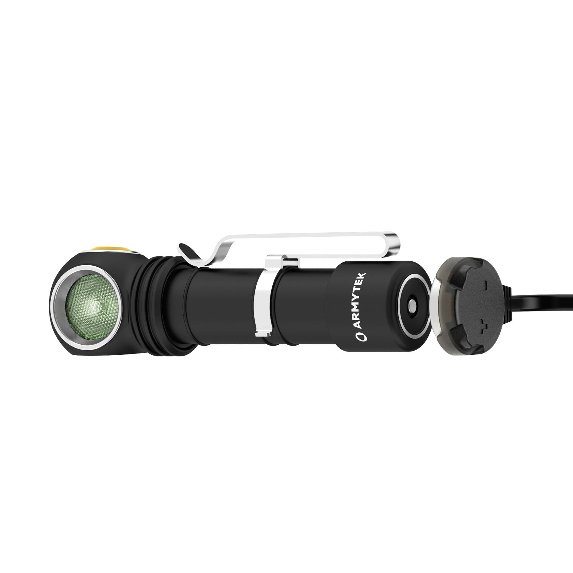 Ruční svítilna s odnímatelným magnetickým víčkem, vlevo zelené tlačítko. Černé tělo s nápisem 'Armytek'.