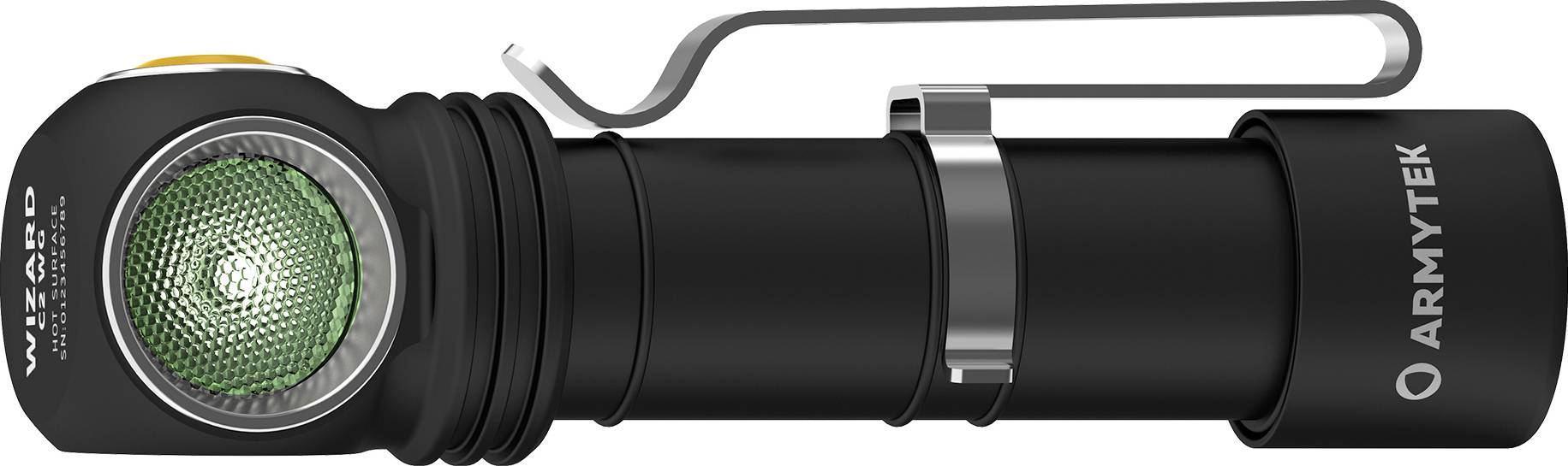 Černá svítilna se zeleným světlem a bočním klipem. Na svítilně je nápis 'Armytek'.
