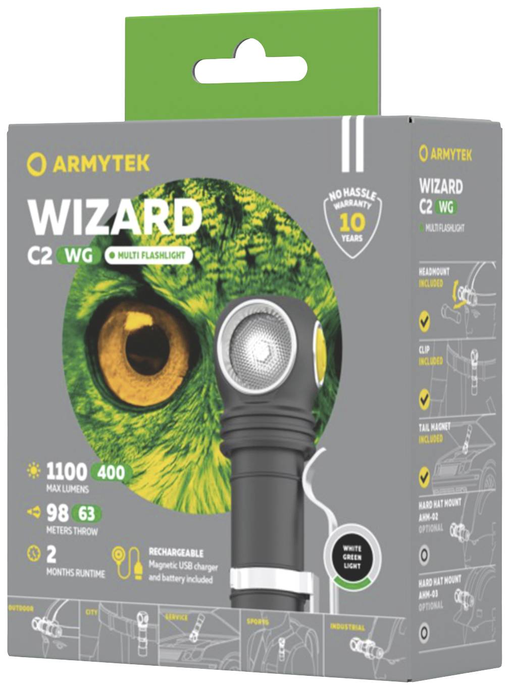 Obal na svítilnu s názvem značky 'ARMYTEK' a modelem 'WIZARD C2 WG'. Obrázek znázorňuje charakteristiky produktu, jako je svítivost a dosah.
