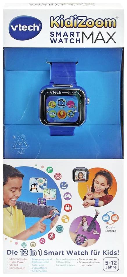 Balení 'VTech KidiZoom Smart Watch Max'. Zobrazuje modré chytré hodinky s aplikacemi pro děti ve věku 5-12 let.