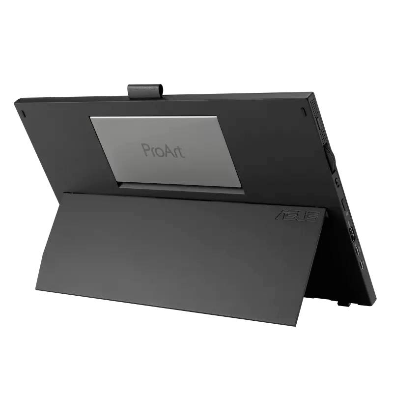 Pohled zezadu na tablet se stojanem, na kterém je nápis 'ProArt'. Zařízení je černé a štíhlé, s několika přípojkami po straně.