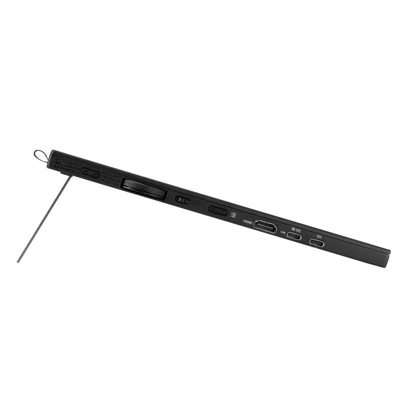 Tenký černý externí DVD vypalovačka z bočního pohledu s několika přípojkami a výsuvnou podpěrou pro stabilizaci.