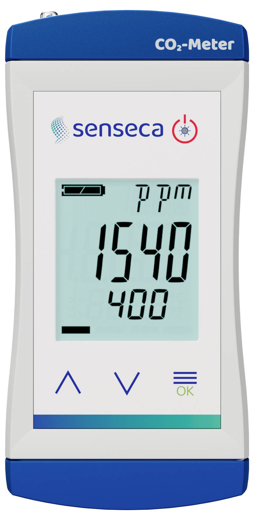 Měřič CO2 zobrazující 1540 ppm s názvem značky 'senseca' a navigačním tlačítkem ve tvaru 'V' pro nastavení.