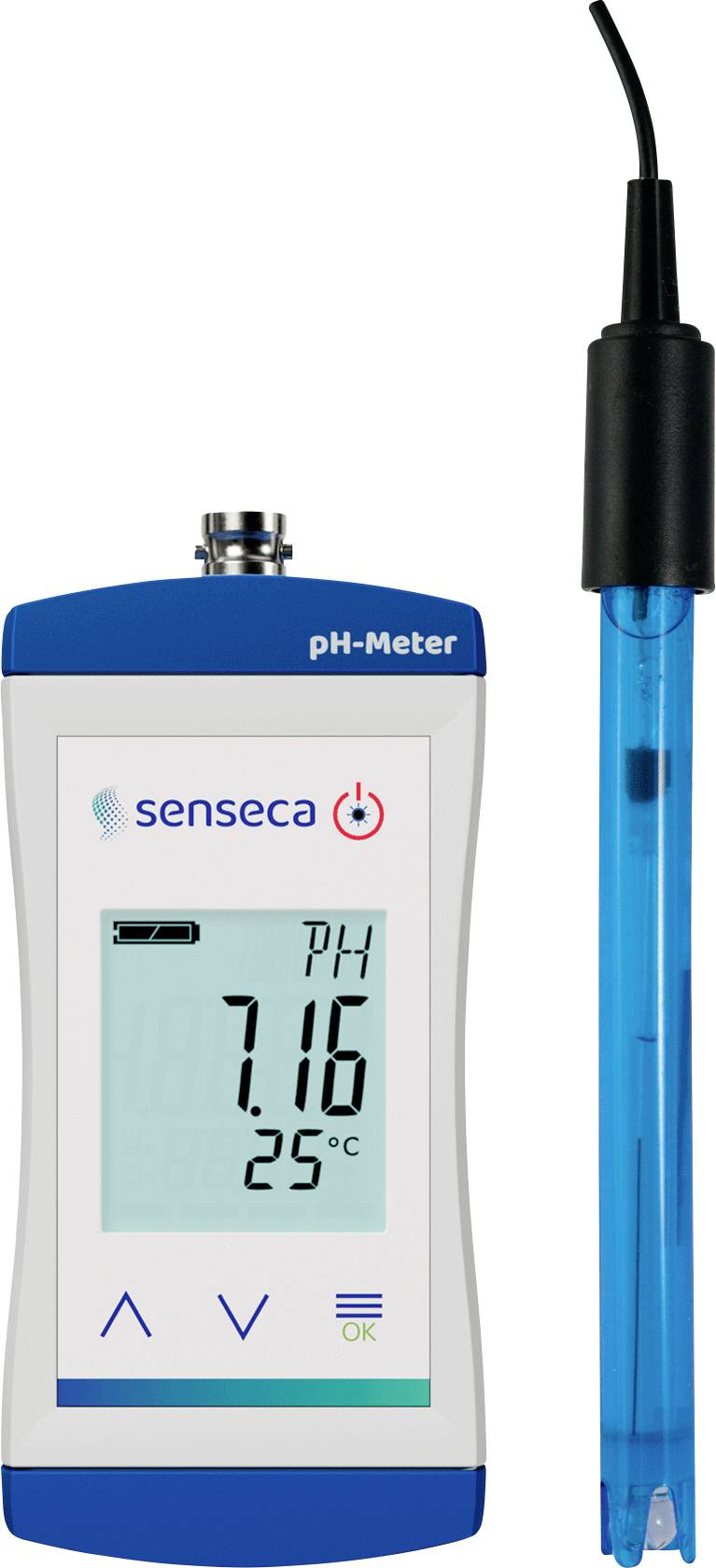 Digitální pH metr s hodnotou 'pH 7,16, 25 °C' s odpojitelnou modrou sondou, označený značkou 'senseca'.