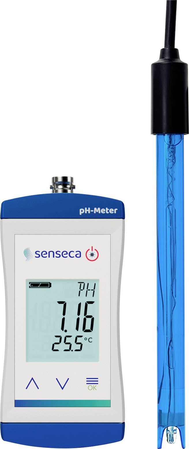 Měřič pH zobrazující hodnotu 7,16 pH a 25,5°C, s připojeným modrým snímačem sondy.