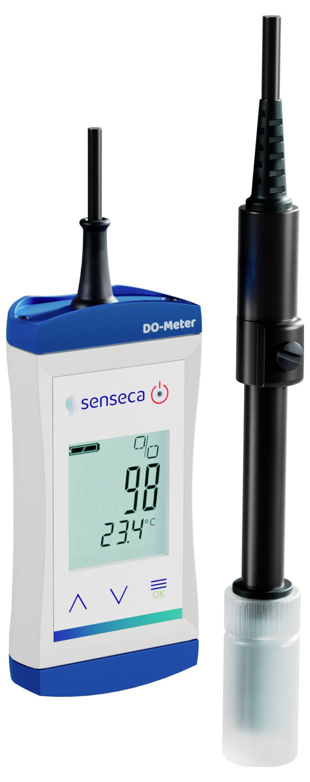 Digitální DO-metr s displejem zobrazujícím rozpuštěný kyslík na úrovni 9,8 a teplotu 23,4°C, vybavený odpojitelnou sondou.
