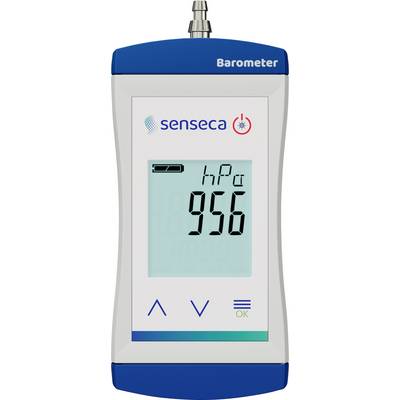 Digitální barometr s displejem zobrazujícím 'hPa 956', indikátorem baterie, tlačítky a štítky 'senseca' a 'Barometr'.