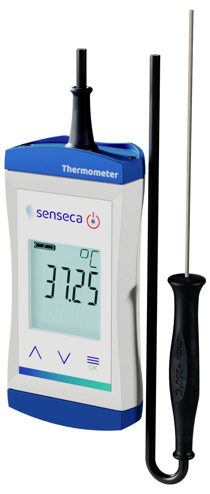 Digitální teploměr se zobrazením '37,25°C'. Značka je 'senseca' a zahrnuje připojený snímač.