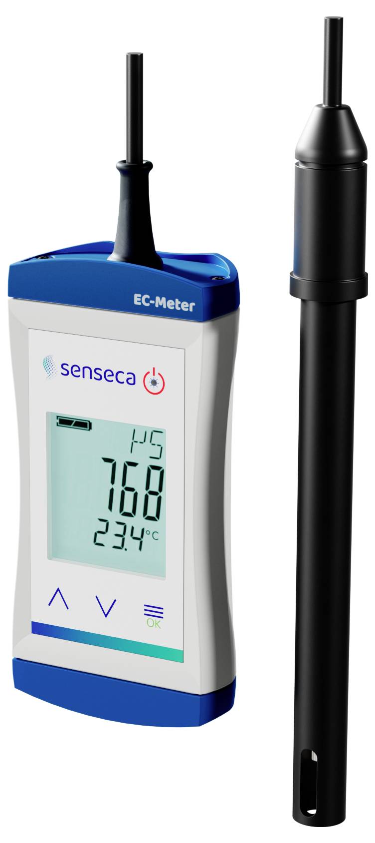 Modrý a bílý EC metr zobrazující '760 23,4°C' na digitálním displeji s připojenou černou sondou, používaný pro měření elektrické vodivosti.