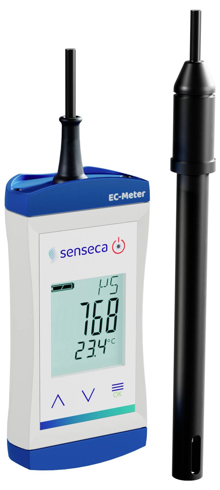 Digitální EC metr s připojenou sondou zobrazuje na displeji hodnoty 145, 760 a 23,4°C.