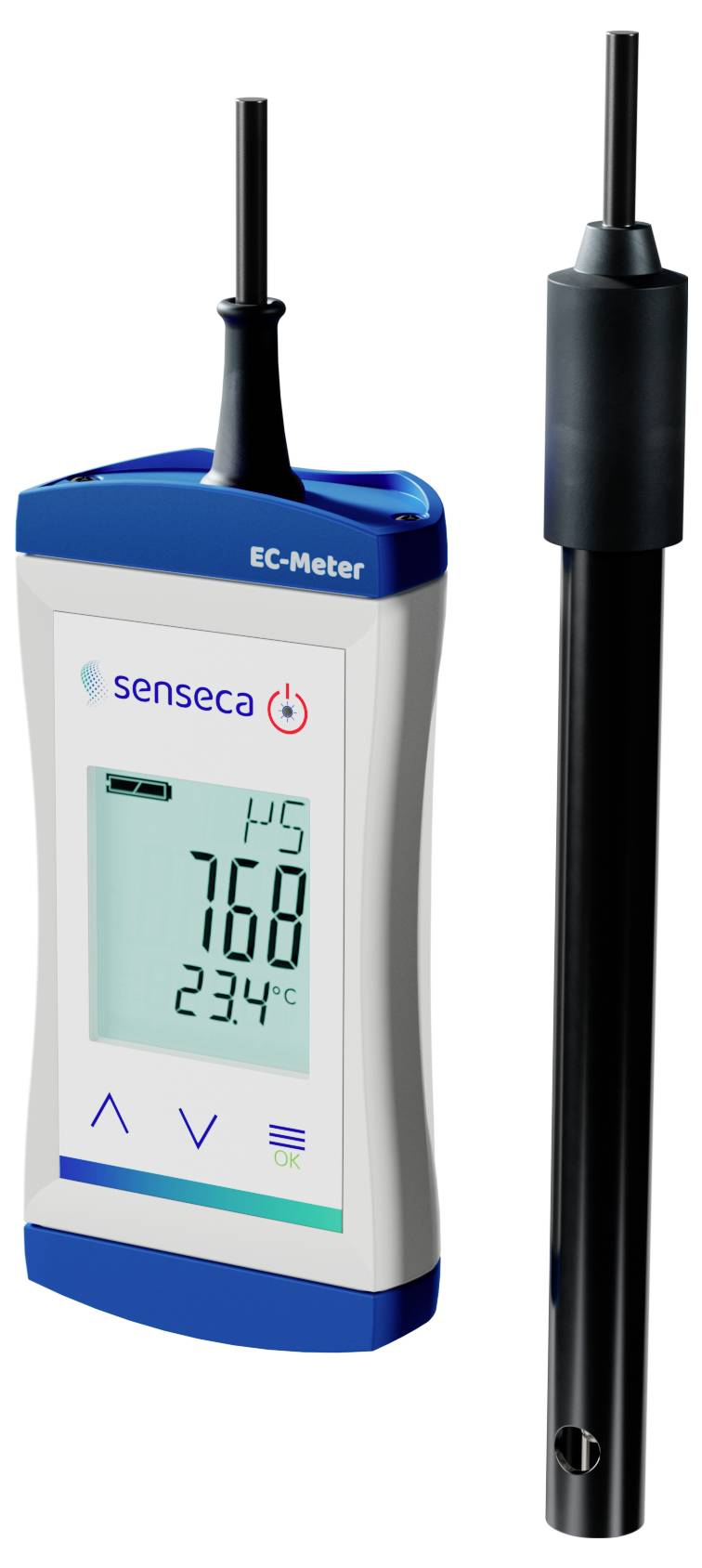 Ruční EC metr s digitálním displejem zobrazujícím měření: '760' pro vodivost a '23,4 °C' pro teplotu, spolu s měřicí sondou.