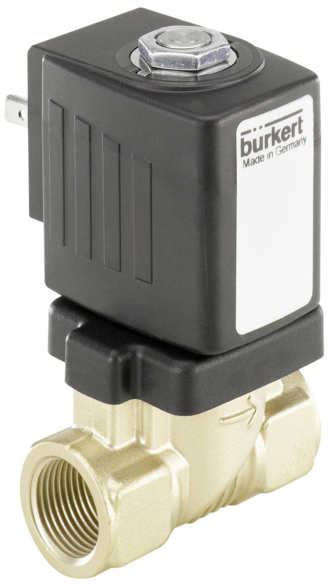 Elektromagnetický ventil s černým pouzdrem a kovovým připojením, označený štítkem 'burkert Vyrobeno v Německu'.