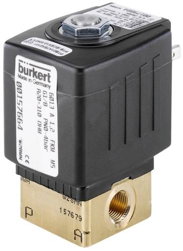 Elektromagnetický ventil Bürkert, model 6013, s mosazným tělesem a připojením, používaný pro řízení kapalin v průmyslových aplikacích.