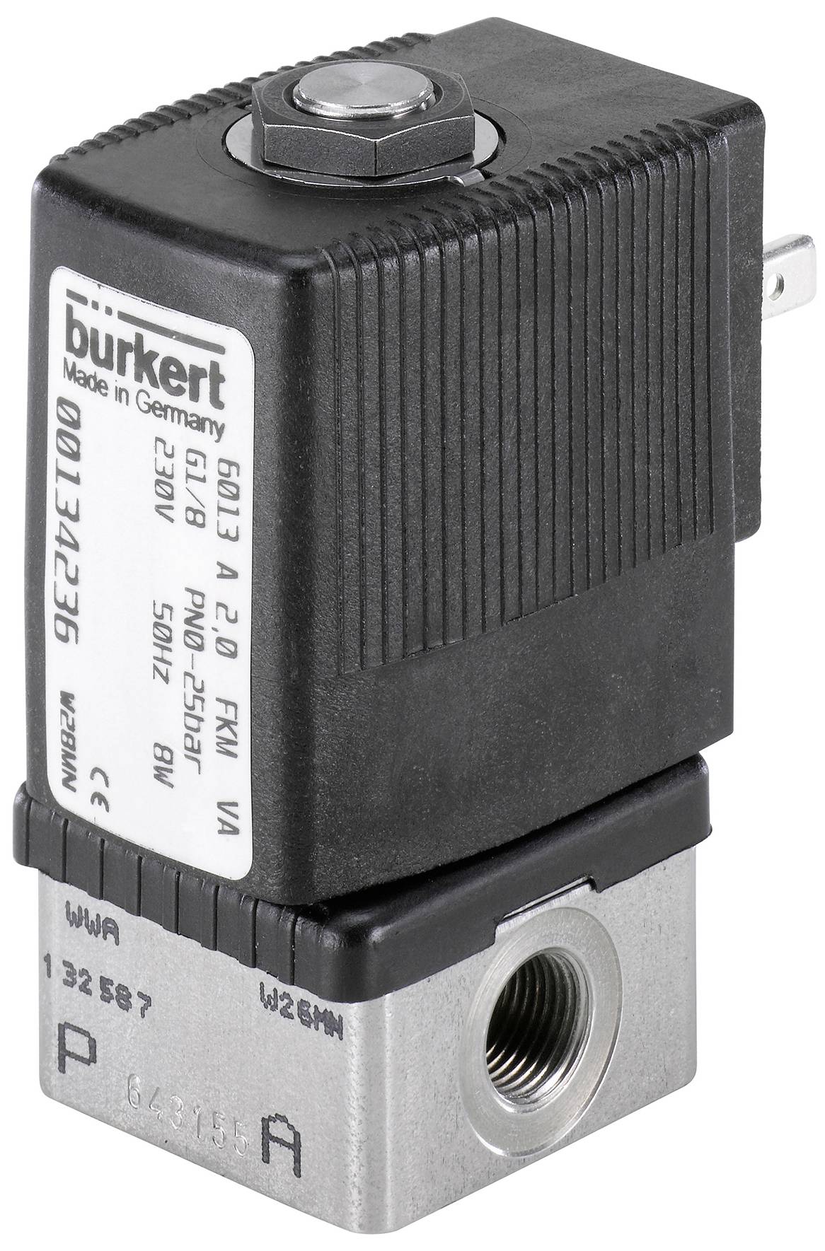 Elektromagnetický ventil Bürkert v černé a stříbrné barvě. Nápis: „Vyrobeno v Německu", model 6013 A, 230V, Pmax 25 bar, WVA 13 2587.