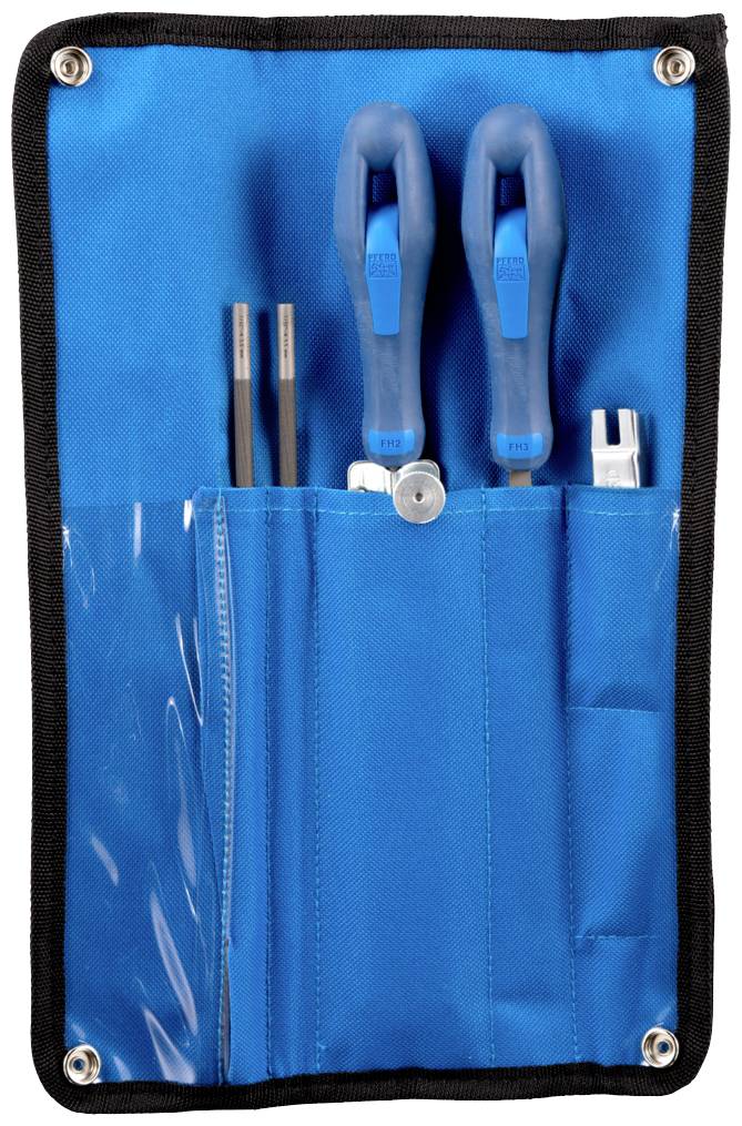 Modrý etui s otevřeným oddílem ukazuje různé nástroje, včetně dvou šroubováků a dalšího nástroje.