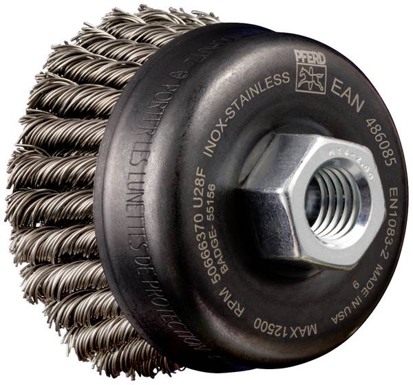 PFERD TOOLS Hrncový kartáč POS, 2řadý, tepelně tvarovaný TBG HD Ø 65 mm, M14, nerezový drát Ø 0,50 mm, úhlová bruska POS TBG 65/M14 INOX 0,50 2RH HD  43305033 1 ks