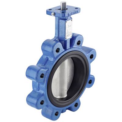 Modré uzavírací ventil z kovu s kruhovým tělesem a pákovým mechanismem pro řízení průtoku.