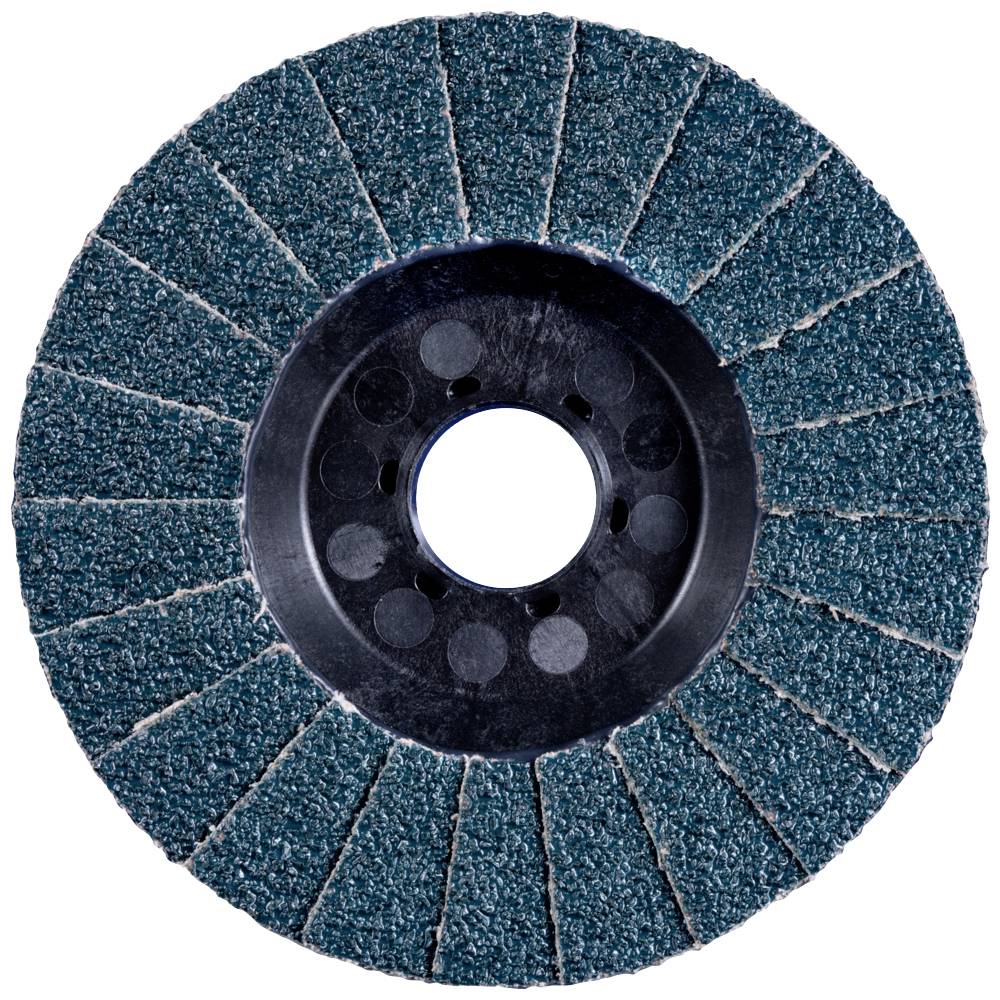 Úhlová bruska se smirkovým kotoučem s hrubým, modrým povrchem v kruhovém tvaru, vhodná pro broušení kovu nebo dřeva.