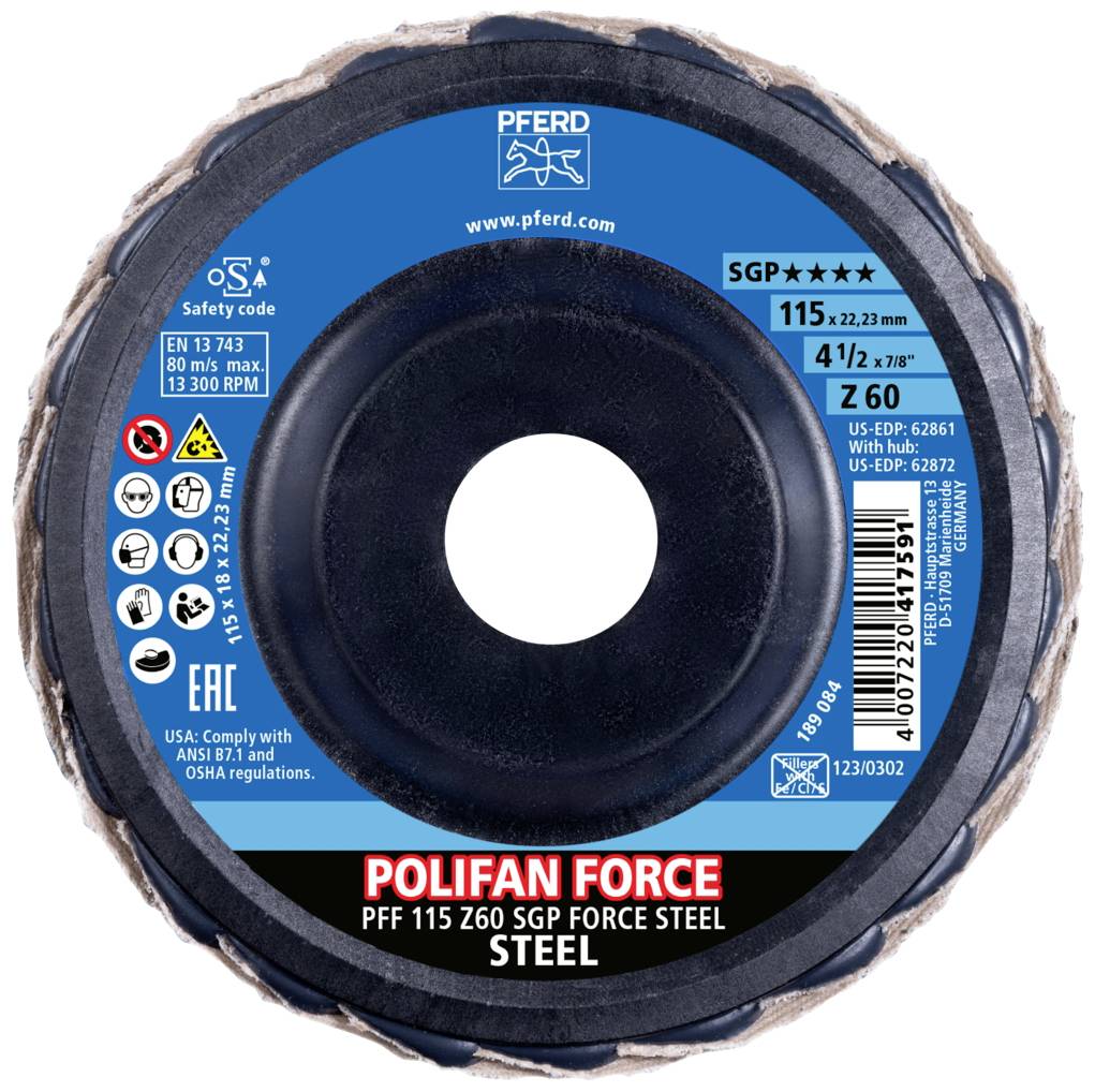 Brusný kotouč 'POLIFAN FORCE', průměr 115 mm, pro ocel, katalogové číslo 1230302, max. 13 300 ot./min, vyrobeno podle bezpečnostních standardů SGP.