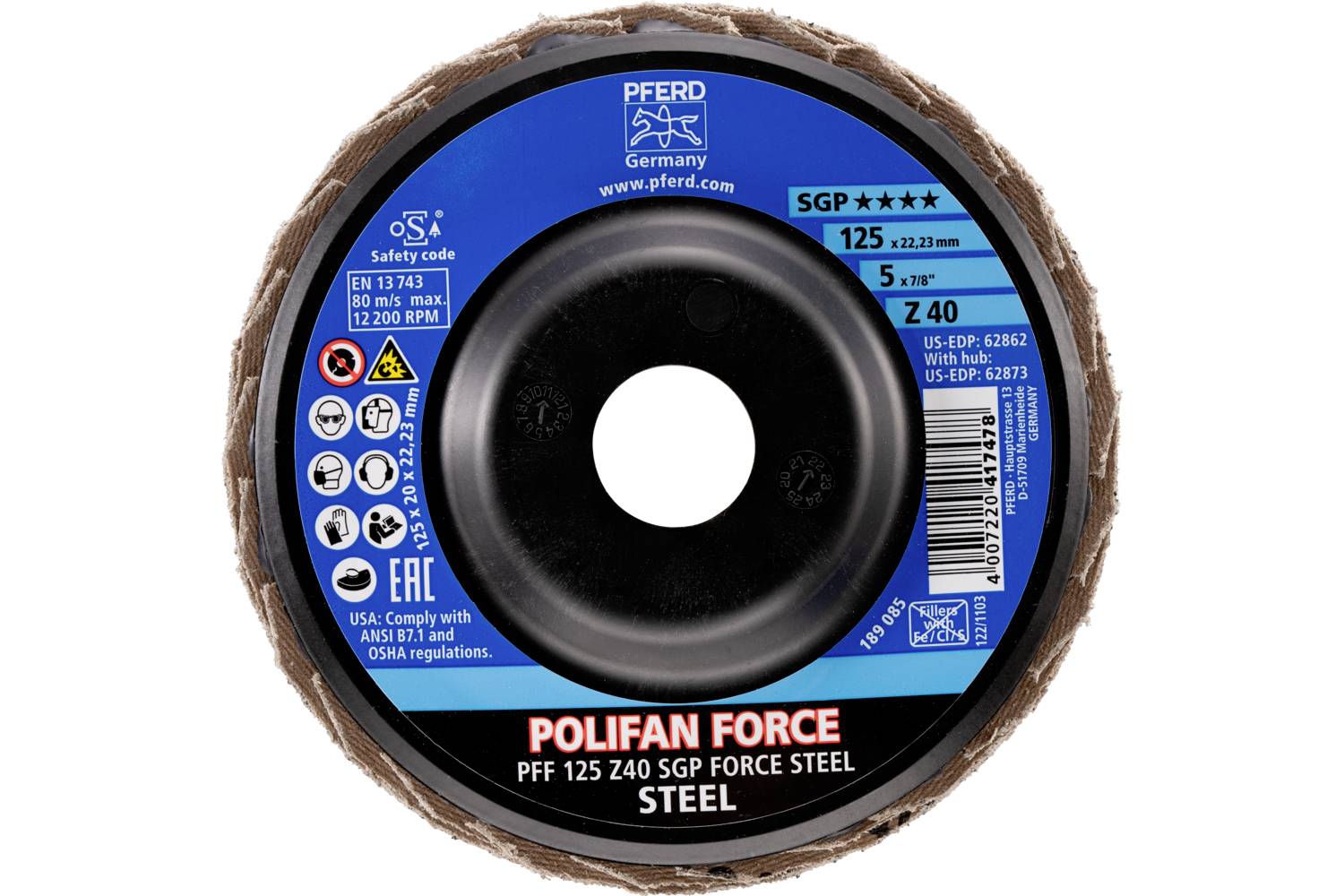 'Kotoučový brusný nástroj s označením "PFERD Germany" a "POLIFAN FORCE STEEL". Průměr: 125 mm.'