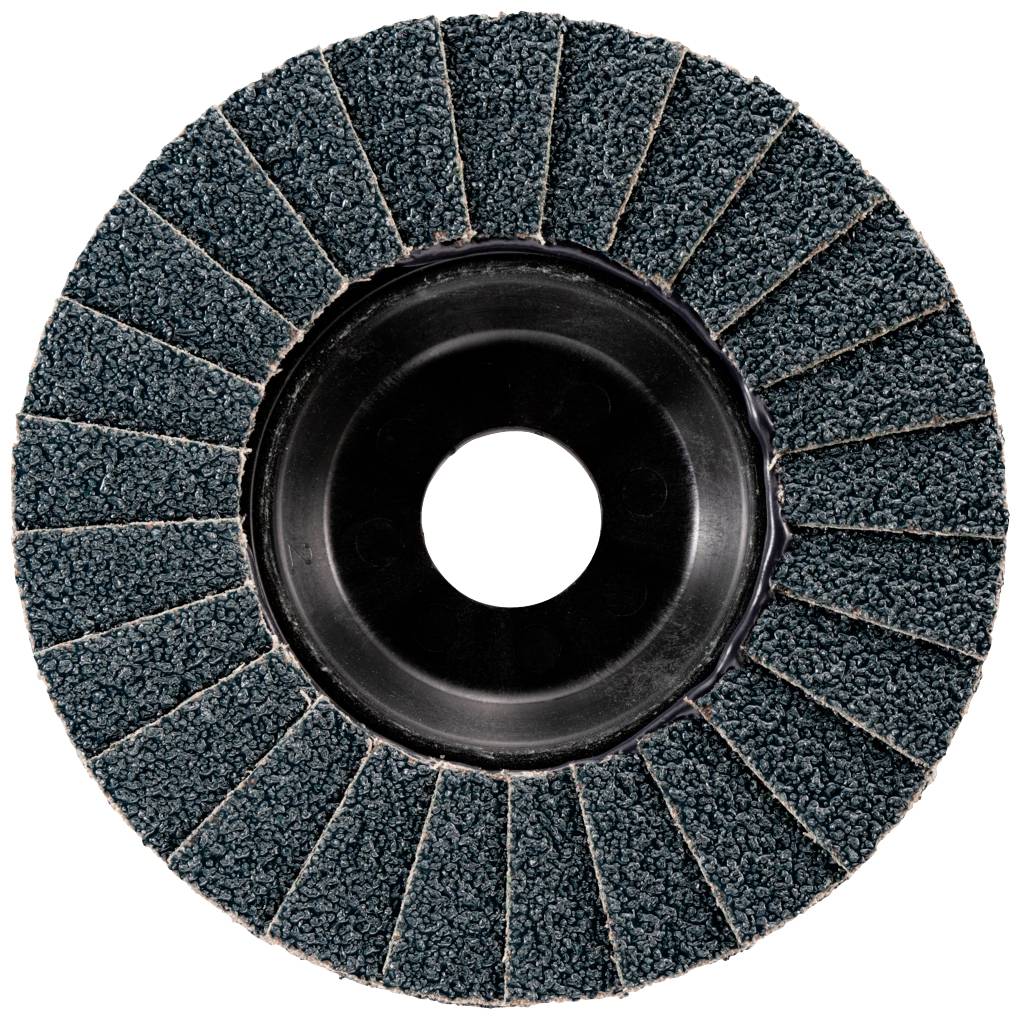 Brusný kotouč s radiálně uspořádanými brusnými lamelami, s centrálním otvorem pro upevnění na brusku.