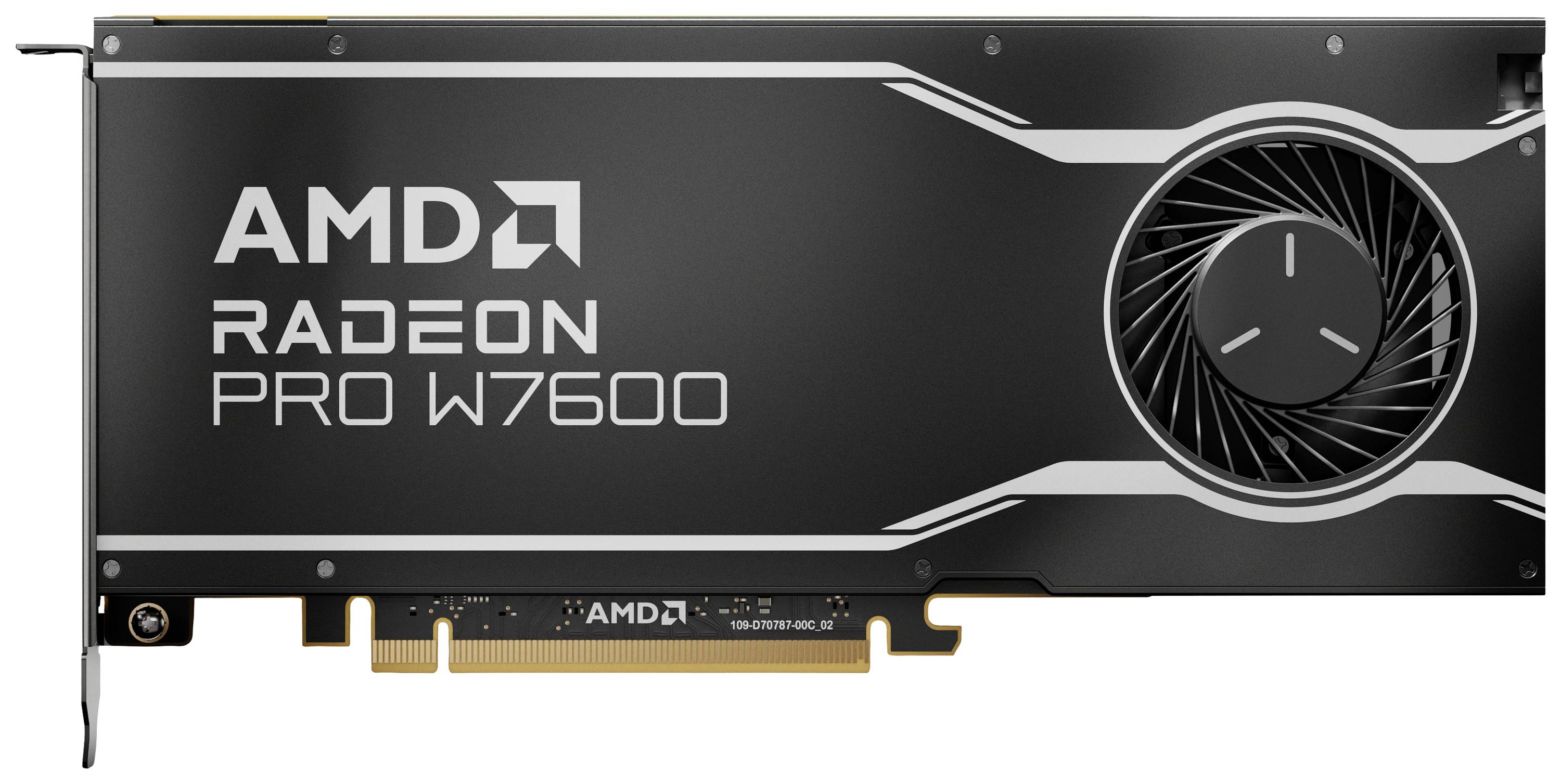 Grafická karta AMD Radeon Pro W7600 s ventilátorem na pravé straně a zlatým konektorem ve spodní části.