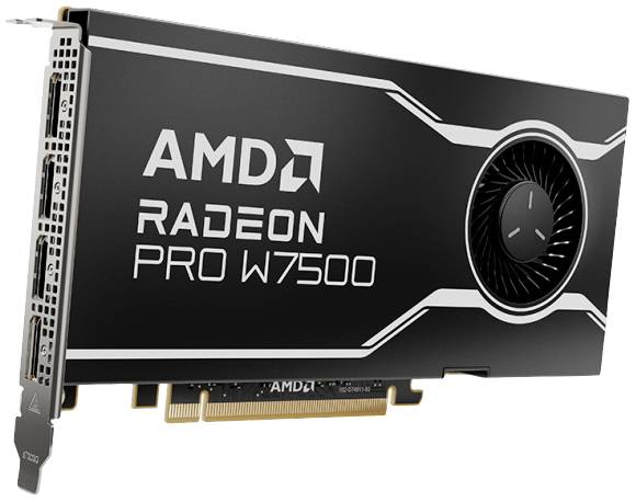 Grafická karta 'AMD Radeon Pro W7500', zobrazující ventilátor a stranu konektorů.